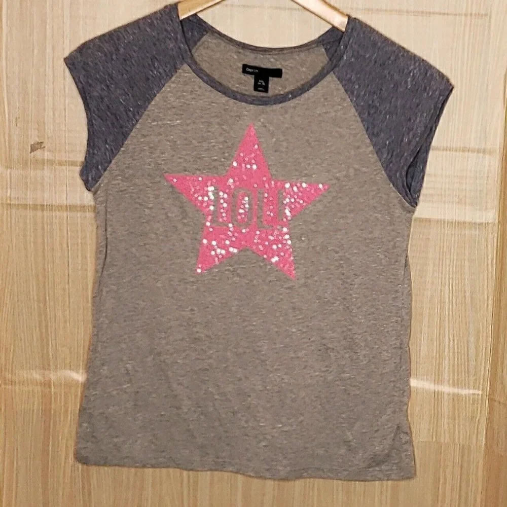 Gap Kids Girls New Grey Short Sleeve Pink Sequin Star Shirt XXL 16-18